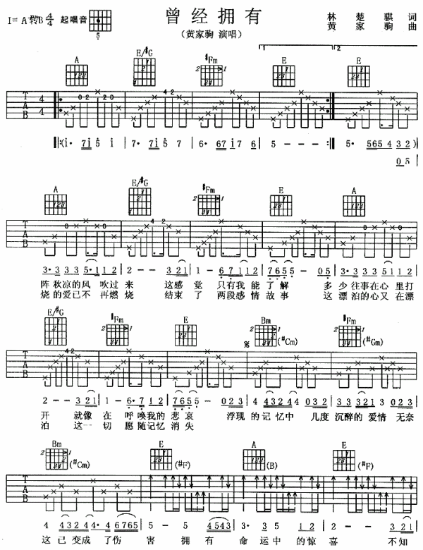 曾是拥有粤语吉他谱图片