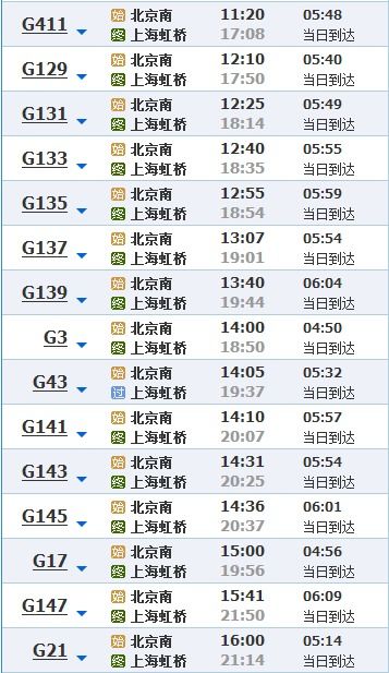 北京到上海高铁时刻表北京到上海高铁时刻表查询