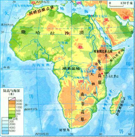 非洲的地形以高原为主,地面起伏不大,被称为高原大陆,平均海拔600米